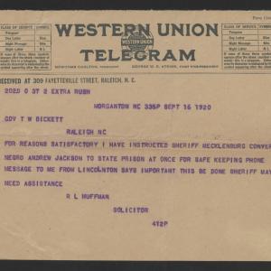 Telegram from Robert L. Huffman to Thomas W. Bickett, September 16, 1920