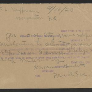 Telegram from William Y. Bickett to Robert L. Huffman, September 16, 1920