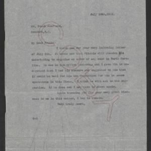 Letter from Thomas W. Bickett to Frank Armfield, Sr., July 10, 1919