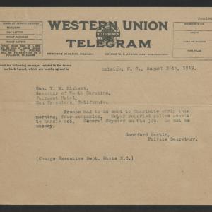 Telegram from Santford Martin to Thomas W. Bickett, August 26, 1919