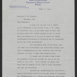 Letter from James S. Manning to Thomas W. Bickett, September 5, 1919, page 1