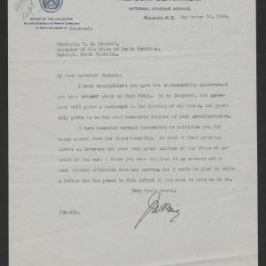 Letter from Josiah W. Bailey to Thomas W. Bickett, September 15, 1919