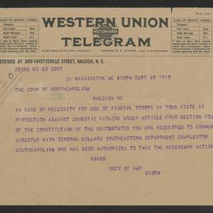 Telegram from Newton D. Baker to Thomas W. Bickett, September 29, 1919