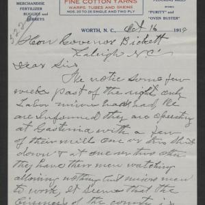 Letter from Oscar D. Carpenter to Thomas W. Bickett, October 16, 1919, page 1