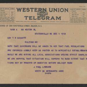 Telegram from Joseph P. Leonard to Thomas W. Bickett, December 1, 1919
