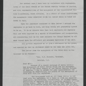 Press Statement by Thomas W. Bickett on Labor Relations at the Pilot Cotton Mills, January 2, 1920, page 1