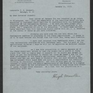 Letter from Hugh MacRae to Thomas W. Bickett, January 11, 1919