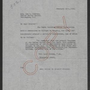 Letter from Thomas W. Bickett to Lee S. Overman, February 13, 1919