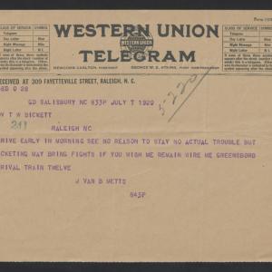 Telegram from John V. B. Metts to Thomas W. Bickett, July 7, 1920