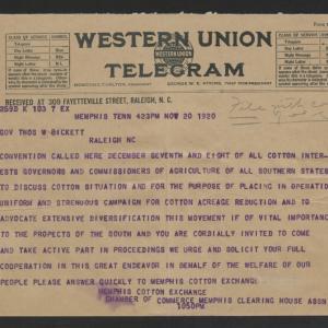 Telegram from the Memphis Cotton Exchange to Thomas W. Bickett, November 20, 1920