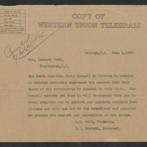 Telegram from Daniel H. Hill and Thomas W. Bickett to Leonard Wood, June 1, 1917