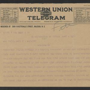 Telegram from William R. Lunk to Thomas W. Bickett, June 8, 1917, page 1