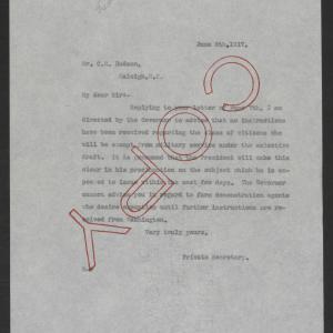 Letter from Sanford Martin to Cassius R. Hudson, June 8, 1917