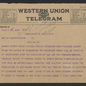 Telegram from Enoch H. Crowder to Thomas W. Bickett, August 3, 1917, page 1