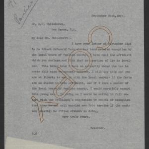Letter from Thomas W. Bickett to Henry P. Whitehurst, September 24, 1917