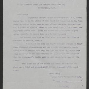 Letter from Lincoln County Exemption Board to District Board for Western North Carolina, September 29, 1917
