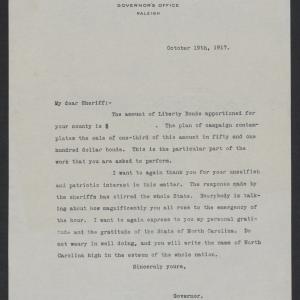 Letter from Thomas W. Bickett to the Sheriffs of North Carolina, October 19, 1917