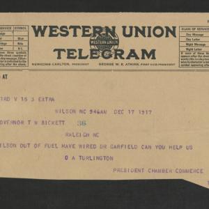 Telegram from O. A. Turlington to Thomas W. Bickett, December 17, 1917