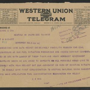 Telegram from Clarence E. Hix to Thomas W. Bickett, December 15, 1917