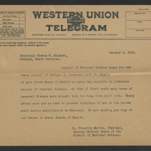 Telegram from Franklin H. Martin to Thomas W. Bickett, January 3, 1918