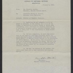 Letter from Franklin H. Martin to Thomas W. Bickett, January 4, 1918