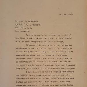 Letter from J. Bryan Grimes to Thomas W. Bickett, April 24, 1918, page 1