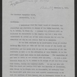 Letter from Stuart B. Marshall to the Western District Exemption Board, February 1, 1918, page 1