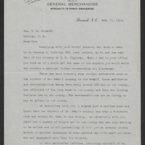 Letter from Samuel W. Ferebee to Thomas W. Bickett, February 11, 1918, page 1