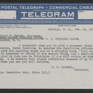 Telegram from Thomas W. Bickett to Edward N. Hurley, February 11, 1918
