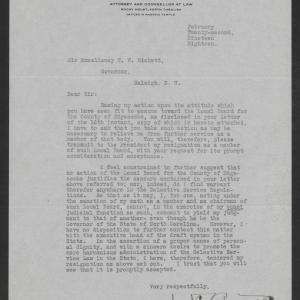 Letter from Lucius V. Bassett to Thomas W. Bickett, February 22, 1918