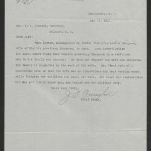 Letter from John T. Covington to Thomas W. Bickett, May 17, 1918