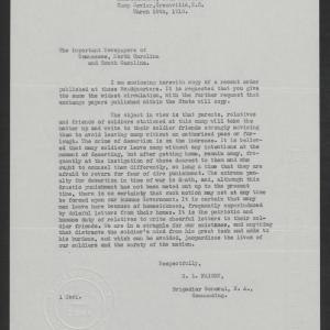 Letter from Samson L. Faison to the Important Newspapers of Tennessee, North Carolina, and South Carolina, March 19, 1918