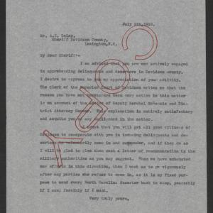 Letter from Thomas W. Bickett to Alexander T. Delap, July 9, 1918