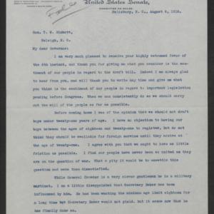 Letter from Lee S. Overman to Thomas W. Bickett, August 8, 1918, page 1