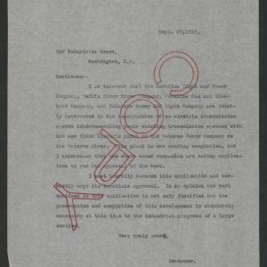 Letter from Thomas W. Bickett to the War Industries Board, September 27, 1918