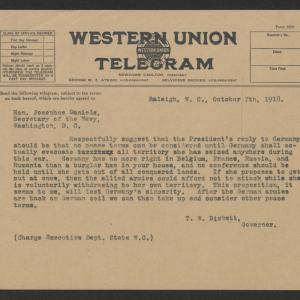 Telegram from Thomas W. Bickett to Josephus Daniels, October 7, 1918