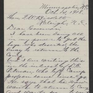 Letter from John D. Braswell to Thomas W. Bickett, October 14, 1918, page 1