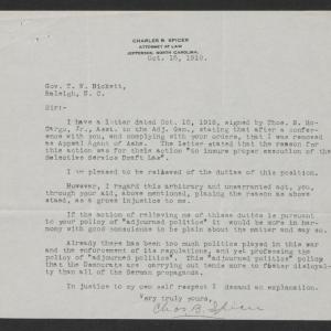 Letter from Charles B. Spicer to Thomas W. Bickett, October 15, 1918
