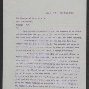 Letter from Winfield S. Church to Thomas W. Bickett, October 31, 1918, page 1