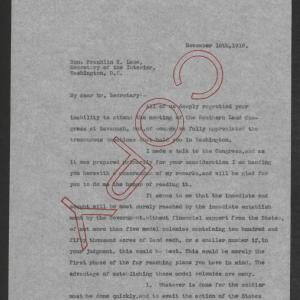 Letter from Thomas W. Bickett to Franklin K. Lane, November 16, 1918, page 1