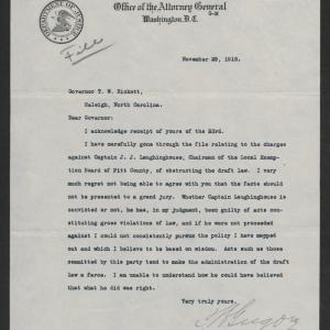 Letter from Thomas W. Gregory to Thomas W. Bickett, November 29, 1918