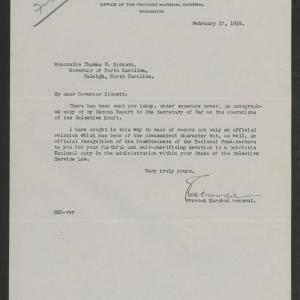 Letter from Enoch H. Crowder to Thomas W. Bickett, February 17, 1919