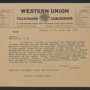 Telegram from Thomas W. Bickett to Enoch H. Crowder, March 3, 1919