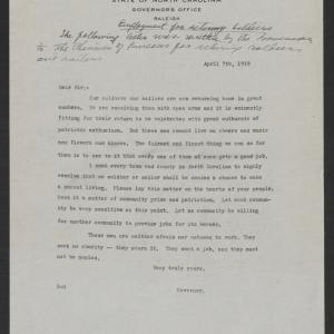 Letter from Thomas W. Bickett to the Chairmen of Bureaus for Returning Soldiers and Sailors, April 7, 1919