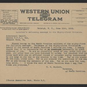 Telegram from Thomas W. Bickett to Robert J. Canniff, June 19, 1919