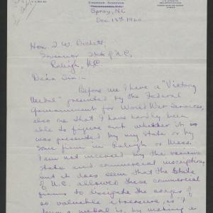 Letter from James S. Trogden to Thomas W. Bickett, December 13, 1920, page 1