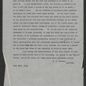 Notice to All Prisoners in the State Prison by Thomas W. Bickett, July 23, 1919