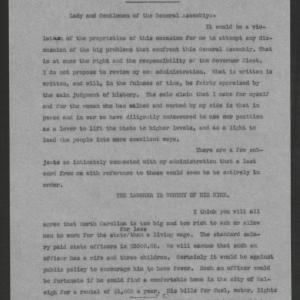Final Message of Gov. Thomas W. Bickett to the General Assembly of 1921, January 7, 1921, page 1