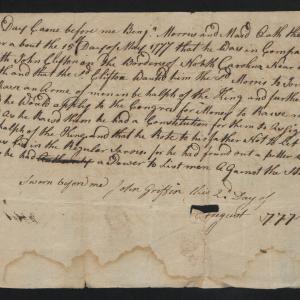 Oath from Benjamin Morris before John Griffin, August 1777