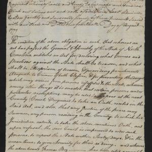 Bond from the Bertie County Court for Thomas Bog to leave North Carolina, 14 August 1777, page 1